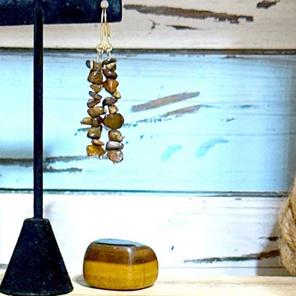 Tiger’s eye dangle long earrings/manifesting courage and protection crystal - Picture 2 of 5